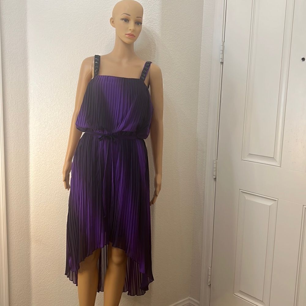 Roz & Ali Dress Size 14 Purple Square Neck Hi Low Sleeveless Pleated Sheer Lined